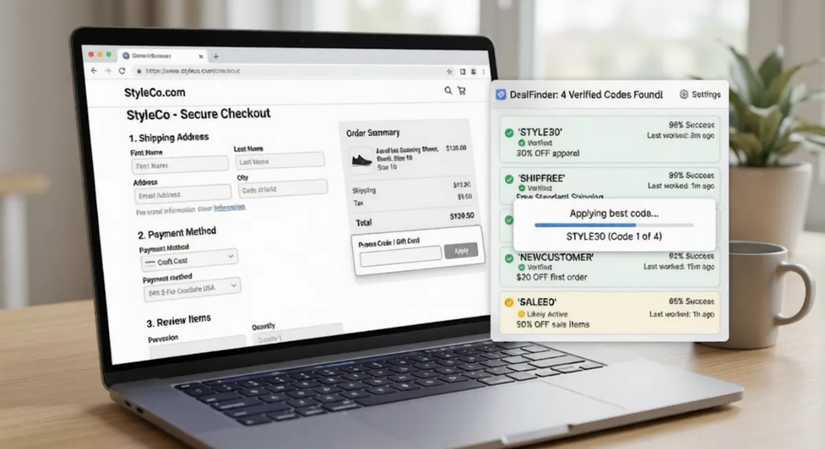 A browser extension surfacing verified promo codes during an online checkout